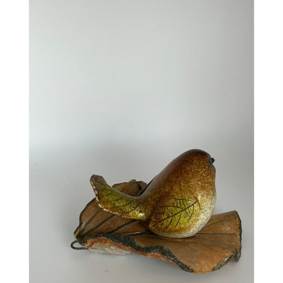 Pottery Fat Brown Bird Figure With Leaf Shaped Wings & Tail Sitting On A Leaf - Picture 3 of 13